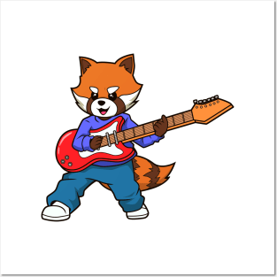 Comic red panda playing electric guitar Posters and Art